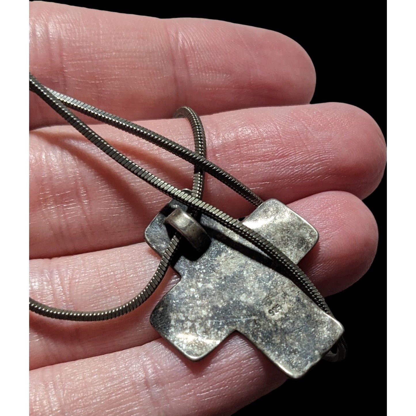 Vintage Sterling Silver Hammered Oxidized Cross Necklace