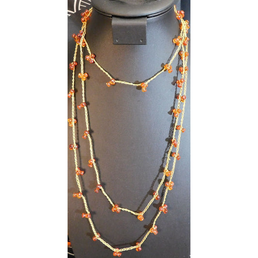 Vintage Handmade Woven Gold Tone Necklace With Tri-Bead Accents