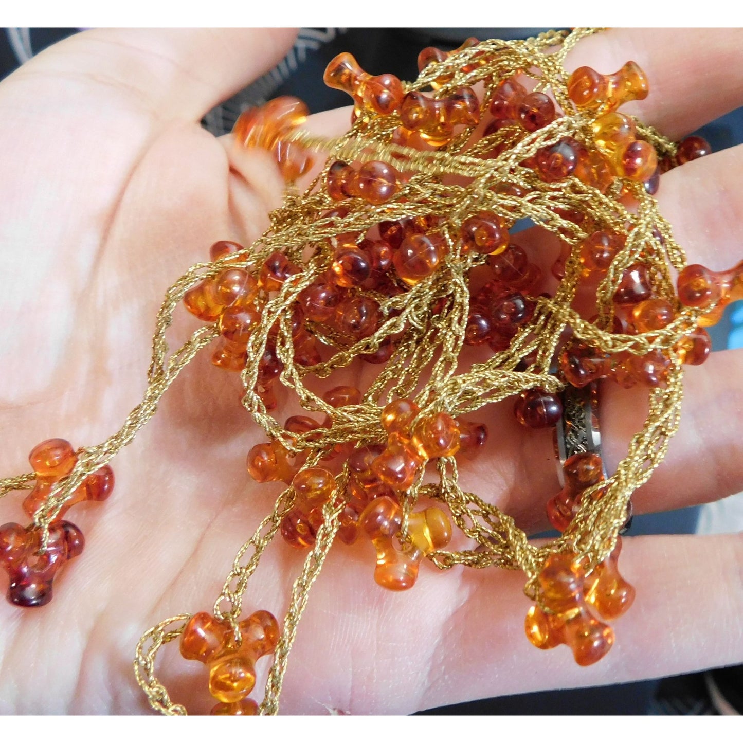 Vintage Handmade Woven Gold Tone Necklace With Tri-Bead Accents