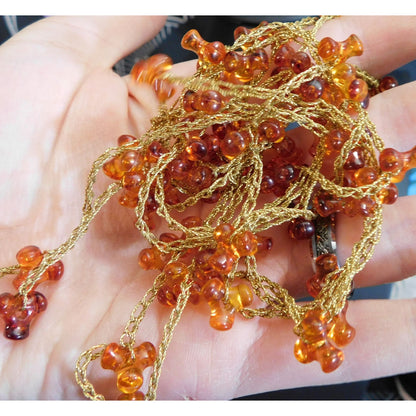 Vintage Handmade Woven Gold Tone Necklace With Tri-Bead Accents