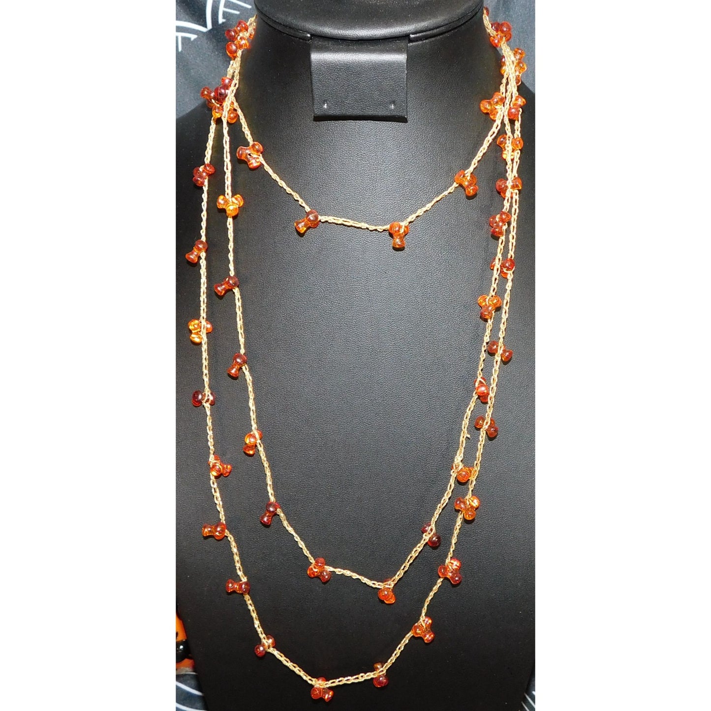 Vintage Handmade Woven Gold Tone Necklace With Tri-Bead Accents