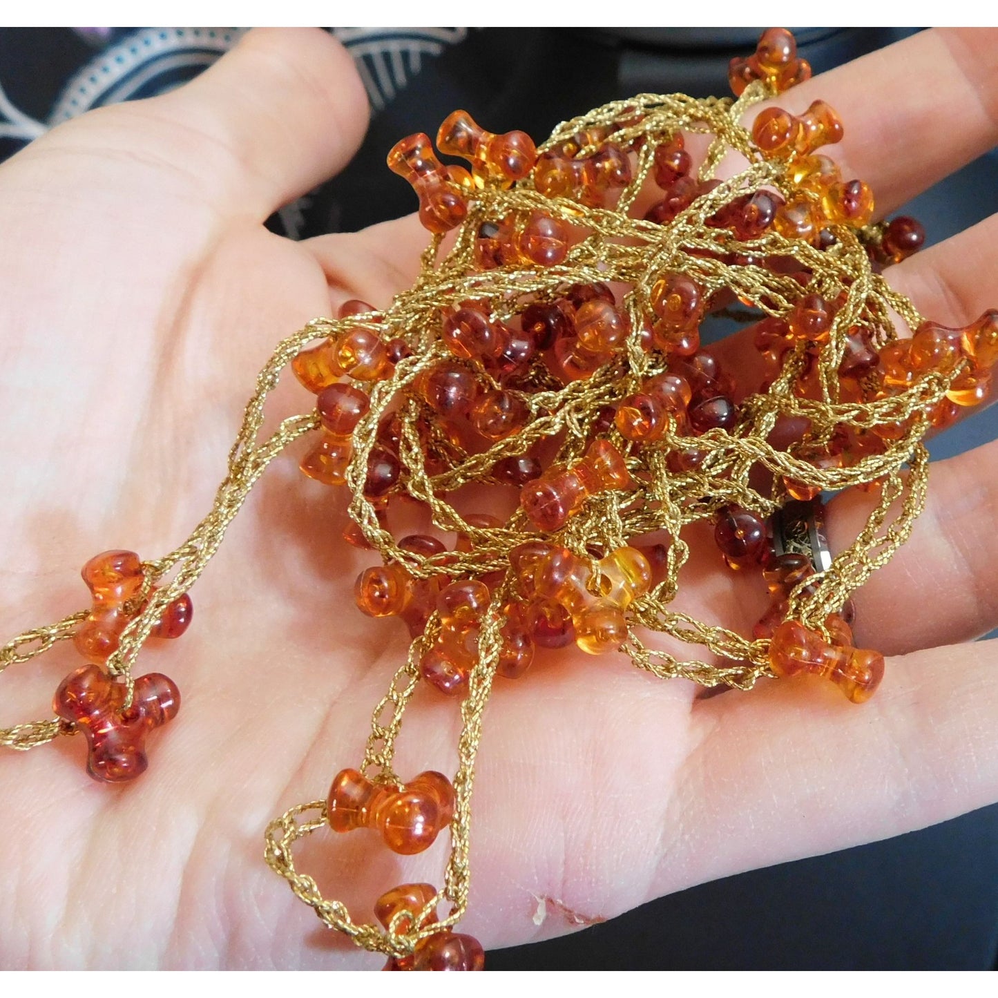 Vintage Handmade Woven Gold Tone Necklace With Tri-Bead Accents