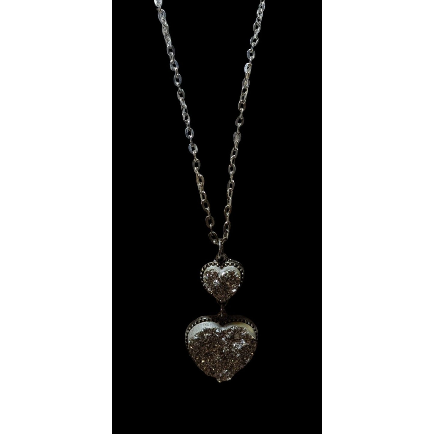 Silver Druzy Double Heart Necklace