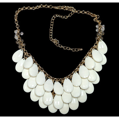 White Teardrop Bib Acrylic Beaded Statement Necklace With Glass Accents