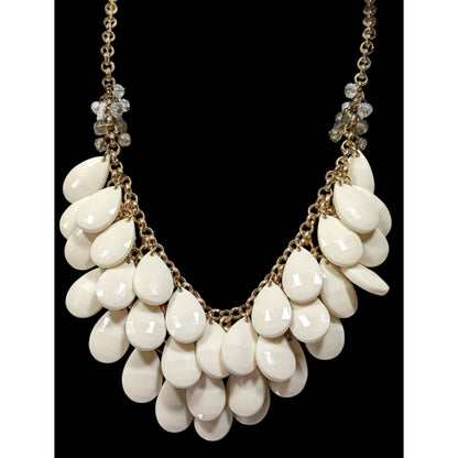 White Teardrop Bib Acrylic Beaded Statement Necklace With Glass Accents