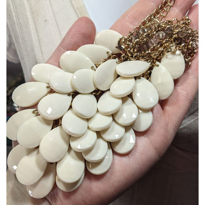 White Teardrop Bib Acrylic Beaded Statement Necklace With Glass Accents