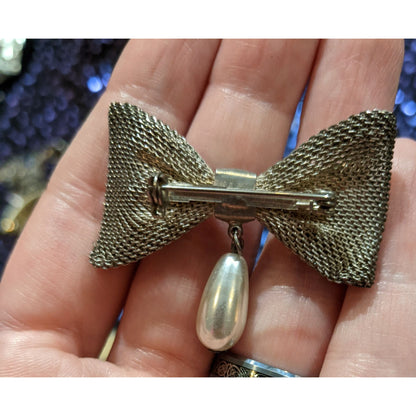 Vintage Coquette Mesh Silver Tone Bow Brooch