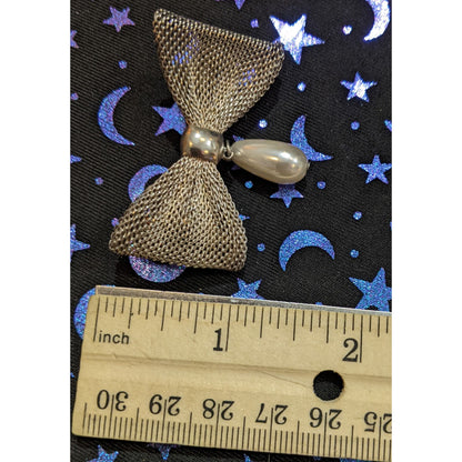 Vintage Coquette Mesh Silver Tone Bow Brooch