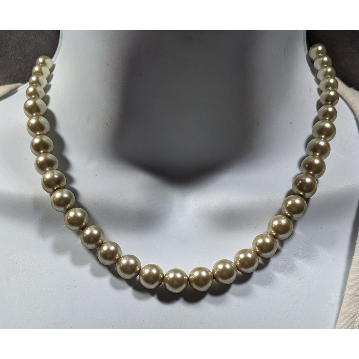 Vintage Elegant Tan Faux Pearl Necklace With Sterling Silver Clasp