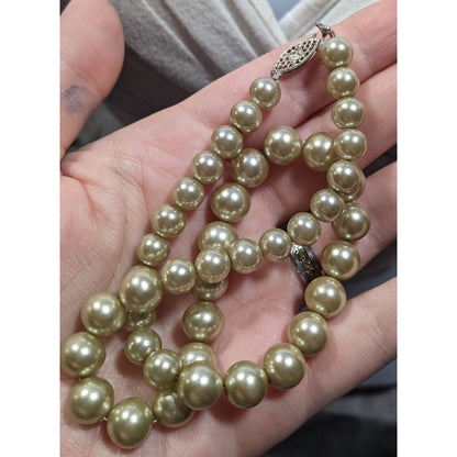 Vintage Elegant Tan Faux Pearl Necklace With Sterling Silver Clasp