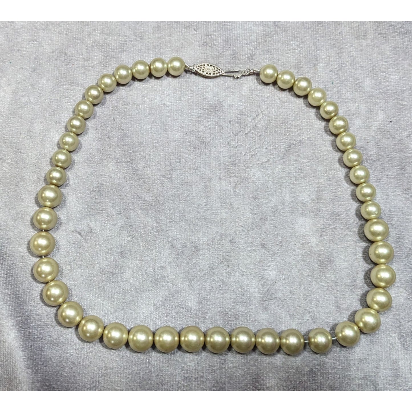 Vintage Elegant Tan Faux Pearl Necklace With Sterling Silver Clasp
