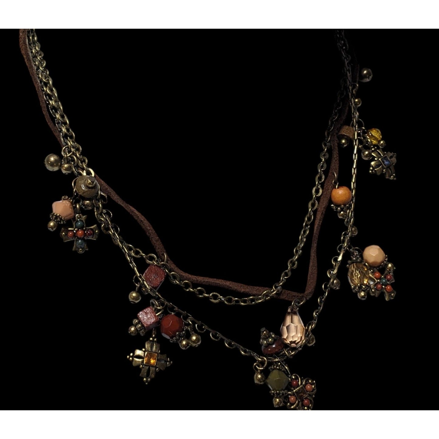 Vintage Bohemian Suede And Metal Gold Tone Cross Charm Necklace