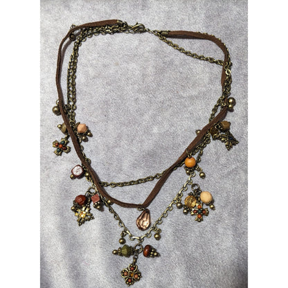 Vintage Bohemian Suede And Metal Gold Tone Cross Charm Necklace