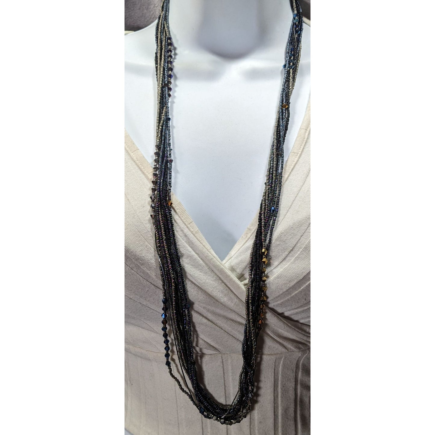 Gothic Black And Silver Tone Layered Glass Beaded Necklace