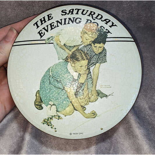 Vintage Cottagecore Collectible Norman Rockwell Saturday Evening Post Marbles Tin Trinket Box