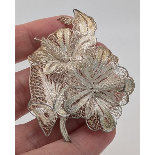 Vintage Sterling Silver Filigree Floral Brooch Pin 925 Handcrafted 3 Inches Elegant Jewelry Collectible Gift