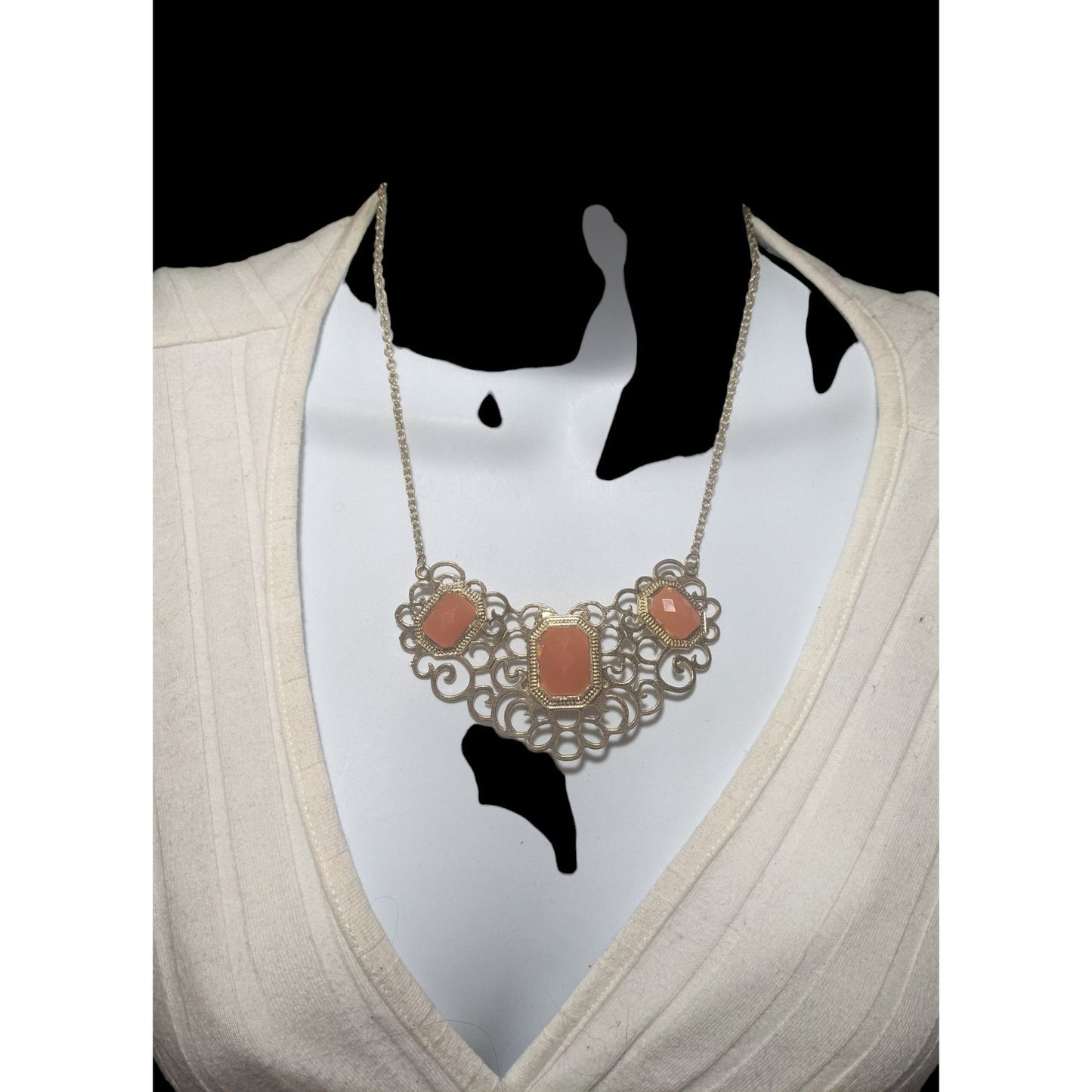 Vintage Gold Tone Filigree Necklace With Orange Stone Accents