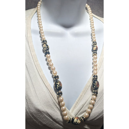 Vintage Cream And Black Pearl Floral Necklace