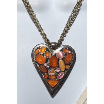 Pink And Orange Gemmed Heart Pendant Necklace