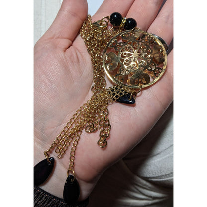 Gold Floral Crystal Filled Pendant Tassel Necklace