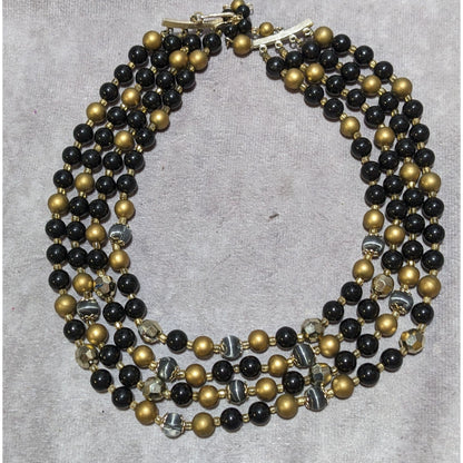 Vintage Japan Black And Gold Beaded Multilayer Necklace