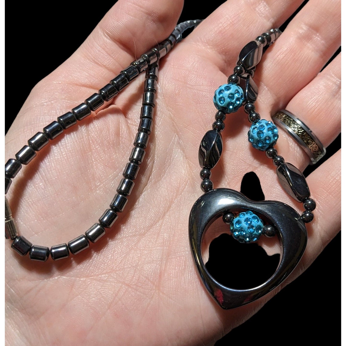 Hematite Open Heart Beaded Pendant Necklace