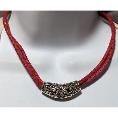 Red And Silver Faux Leather Floral Necklace