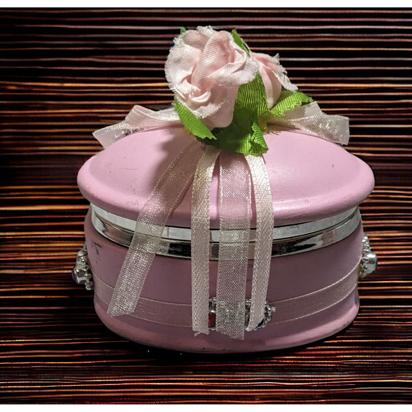 Pink Ceramic Floral Embellished Oval Trinket Box