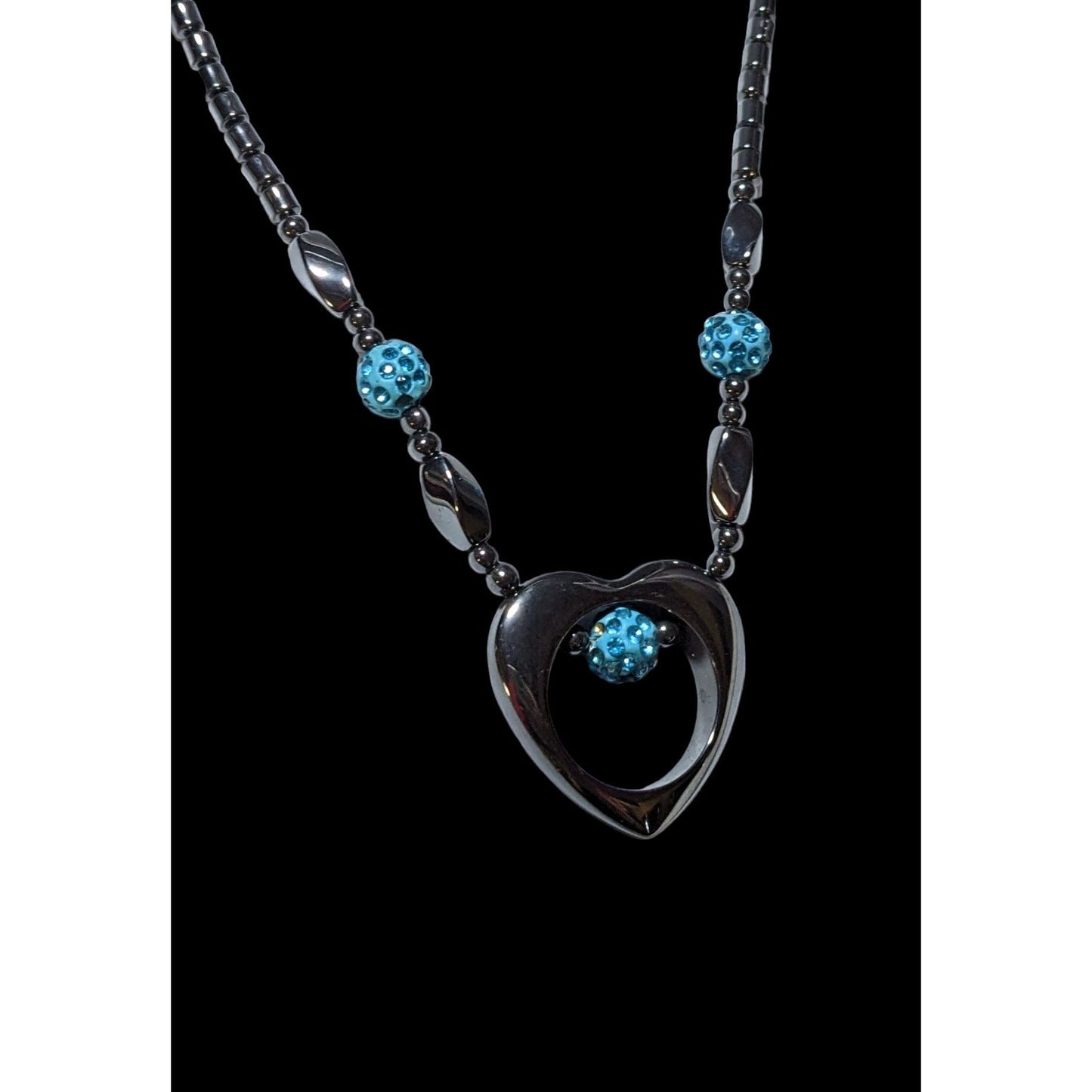 Hematite Open Heart Beaded Pendant Necklace