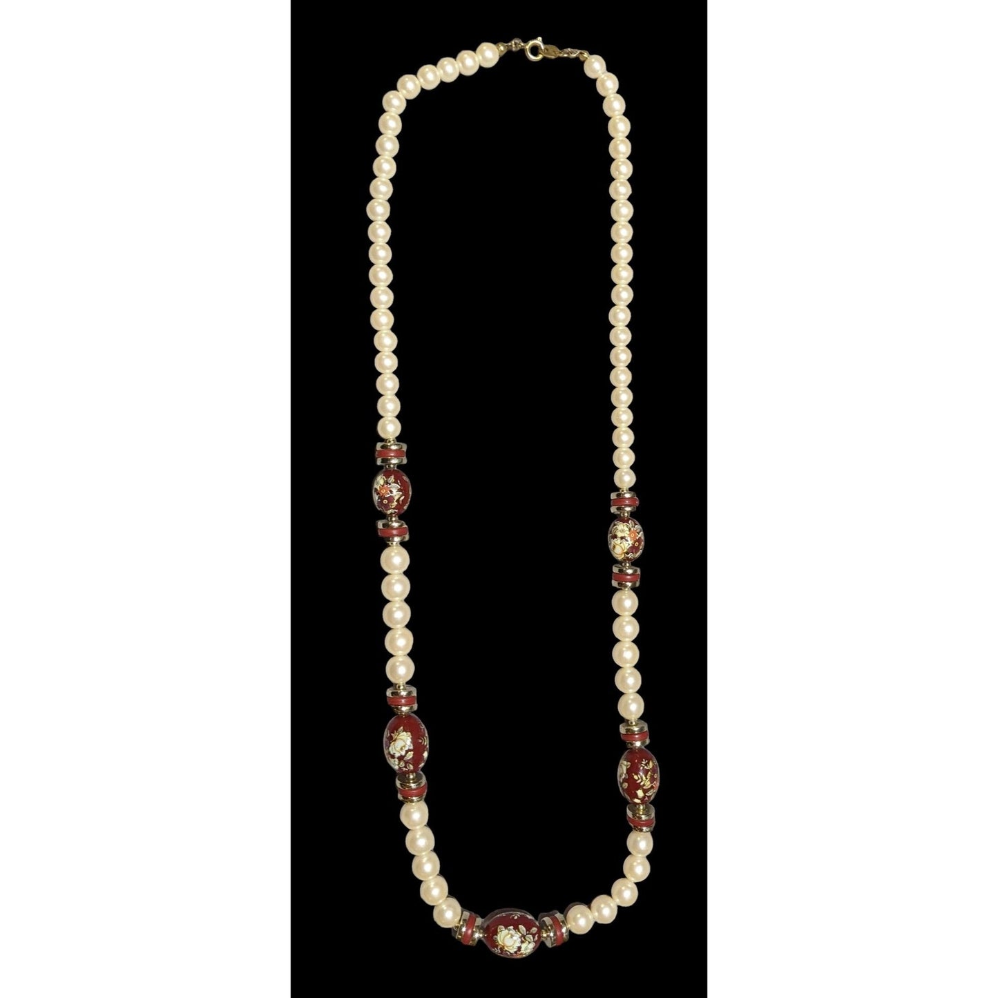 Vintage Cream And Red Pearl Floral Necklace