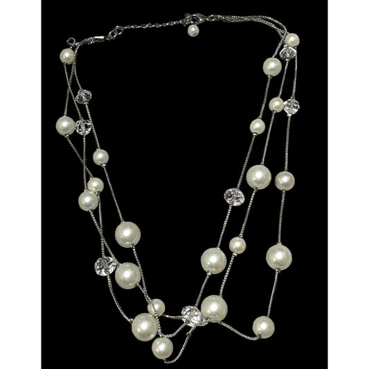 Silver Faux Pearl Multilayer Beaded Floating Necklace