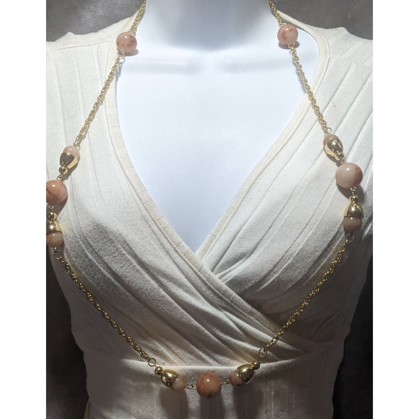 Vintage Gold-Tone Chain Necklace With Pink Beads