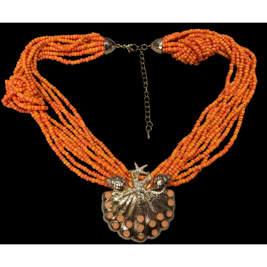 Mermaidcore Glam Orange Beaded Shell Pendant Necklace With Starfish & Pearl Accents