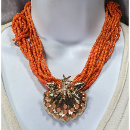 Mermaidcore Glam Orange Beaded Shell Pendant Necklace With Starfish & Pearl Accents