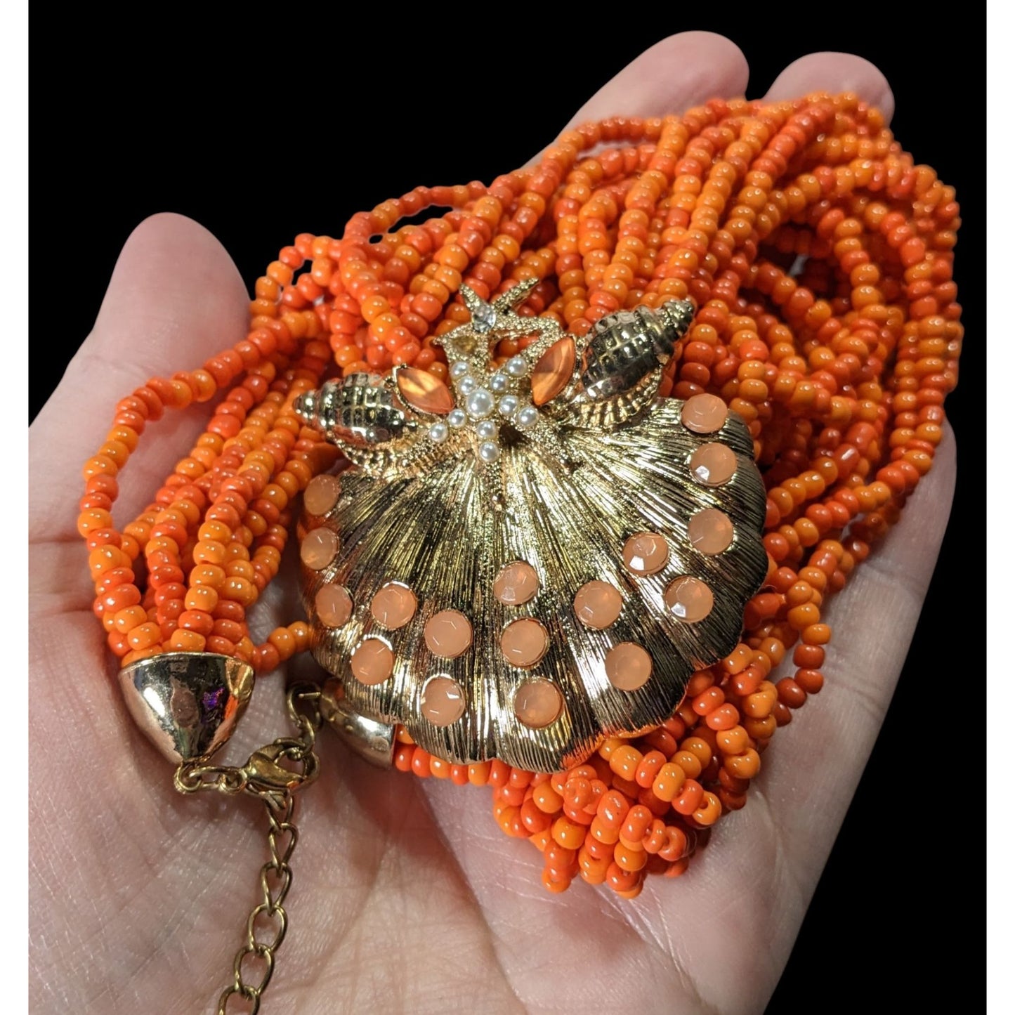 Mermaidcore Glam Orange Beaded Shell Pendant Necklace With Starfish & Pearl Accents