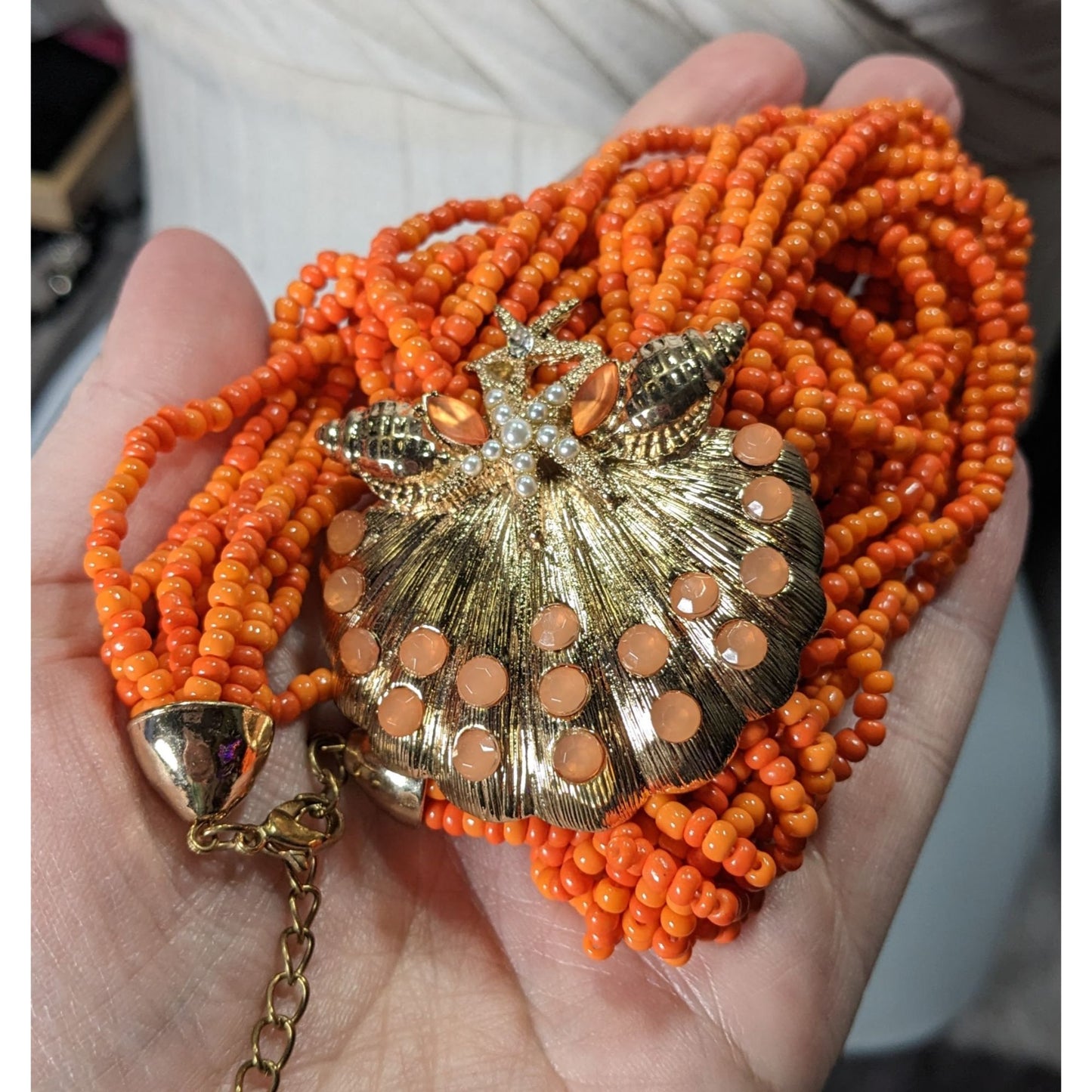 Mermaidcore Glam Orange Beaded Shell Pendant Necklace With Starfish & Pearl Accents