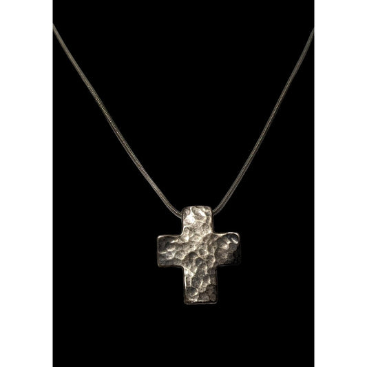 Vintage Sterling Silver Hammered Oxidized Cross Necklace