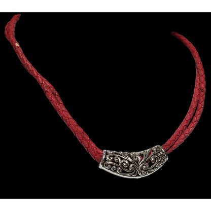 Red And Silver Faux Leather Floral Necklace