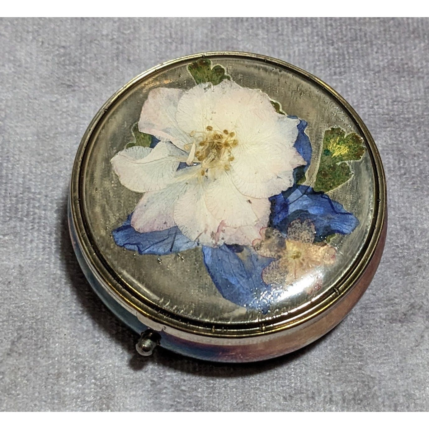 Vintage Pressed Flower Anodized Pillbox