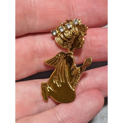Vintage Gold Clear Rhinestone Angel Brooch
