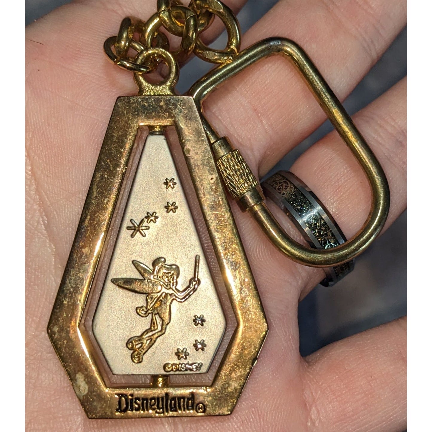 Y2K Disney Disneyland Tinker Bell Spinning Castle Gold Tone Keychain