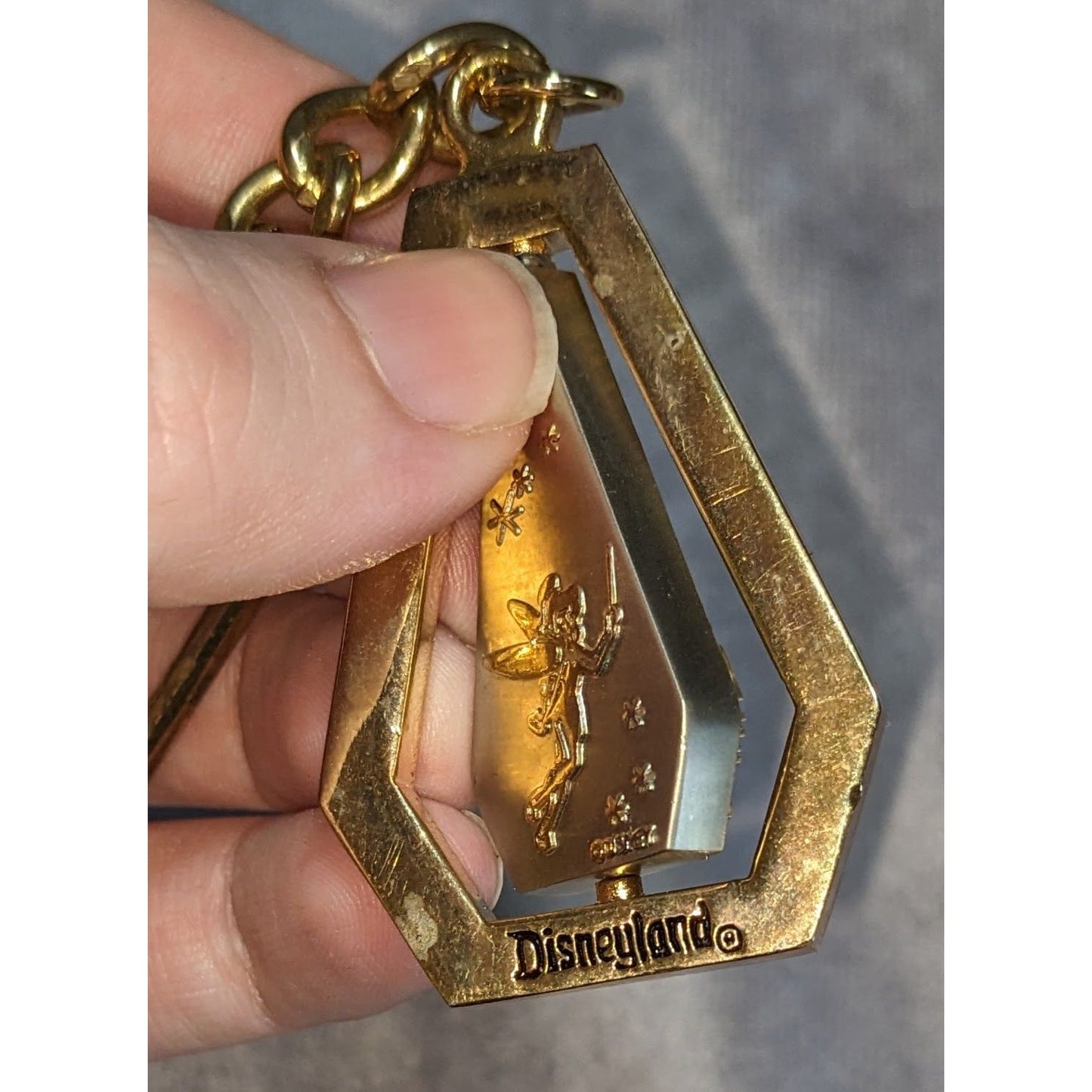Y2K Disney Disneyland Tinker Bell Spinning Castle Gold Tone Keychain