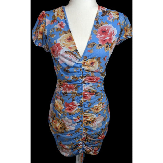 Abound Blue Floral V Neck Dress With Front Ruching