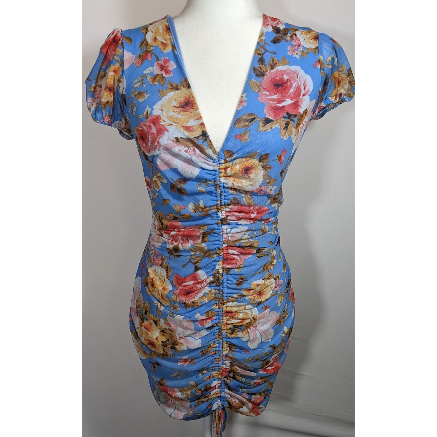 Abound Blue Floral V Neck Dress With Front Ruching