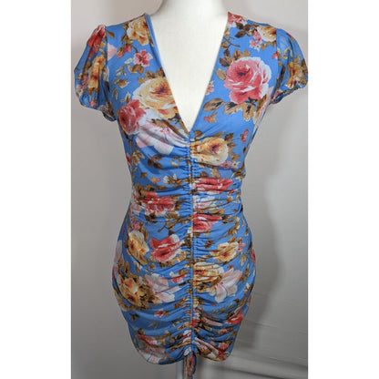 Abound Blue Floral V Neck Dress With Front Ruching
