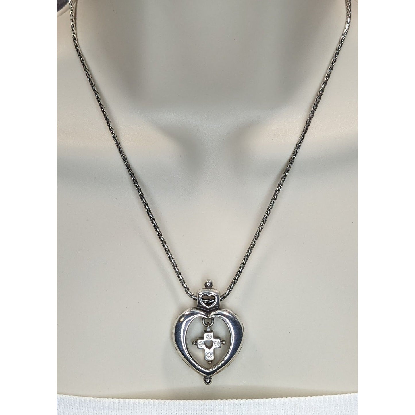 Vintage Brighton Heart Cross Necklace Silver Tone Faith Pendant Rhinestone Christian Romantic Jewelry