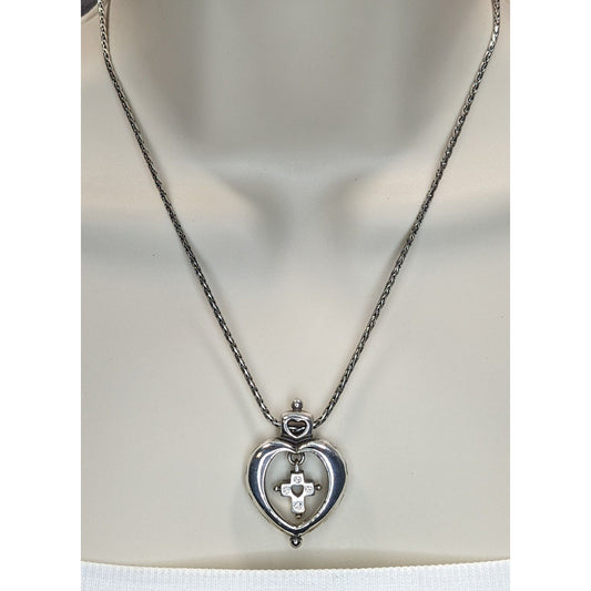 Vintage Brighton Heart Cross Necklace Silver Tone Faith Pendant Rhinestone Christian Romantic Jewelry