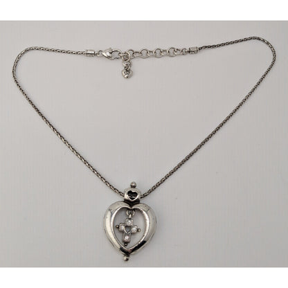 Vintage Brighton Heart Cross Necklace Silver Tone Faith Pendant Rhinestone Christian Romantic Jewelry