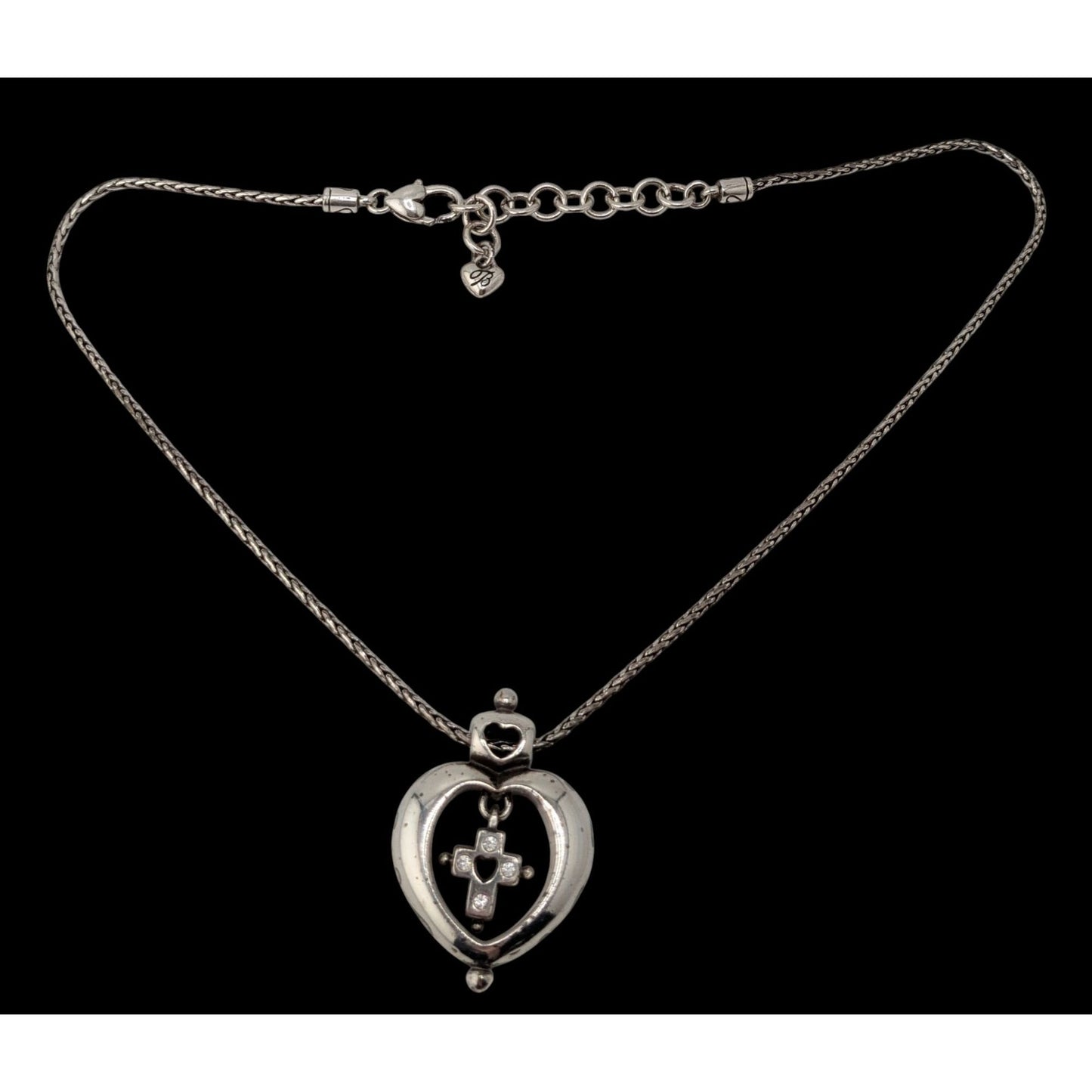 Vintage Brighton Heart Cross Necklace Silver Tone Faith Pendant Rhinestone Christian Romantic Jewelry