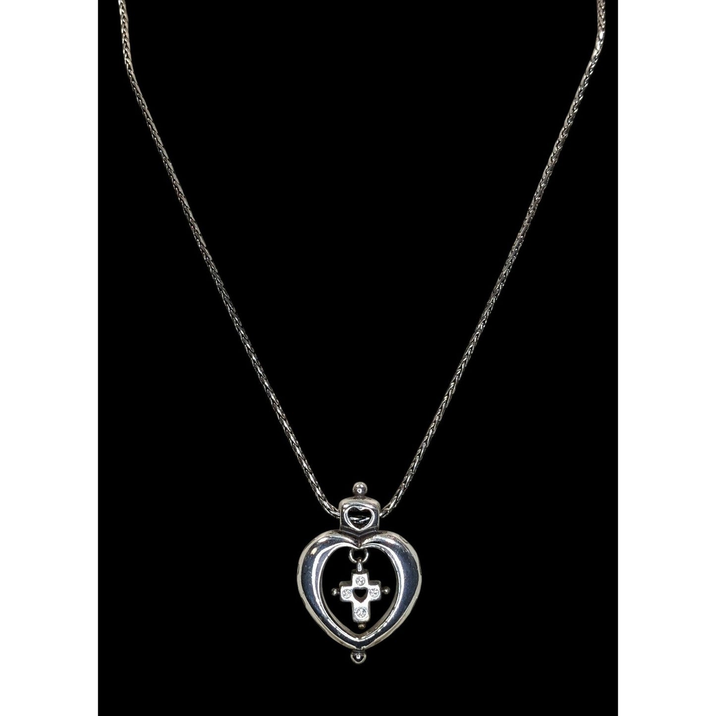 Vintage Brighton Heart Cross Necklace Silver Tone Faith Pendant Rhinestone Christian Romantic Jewelry